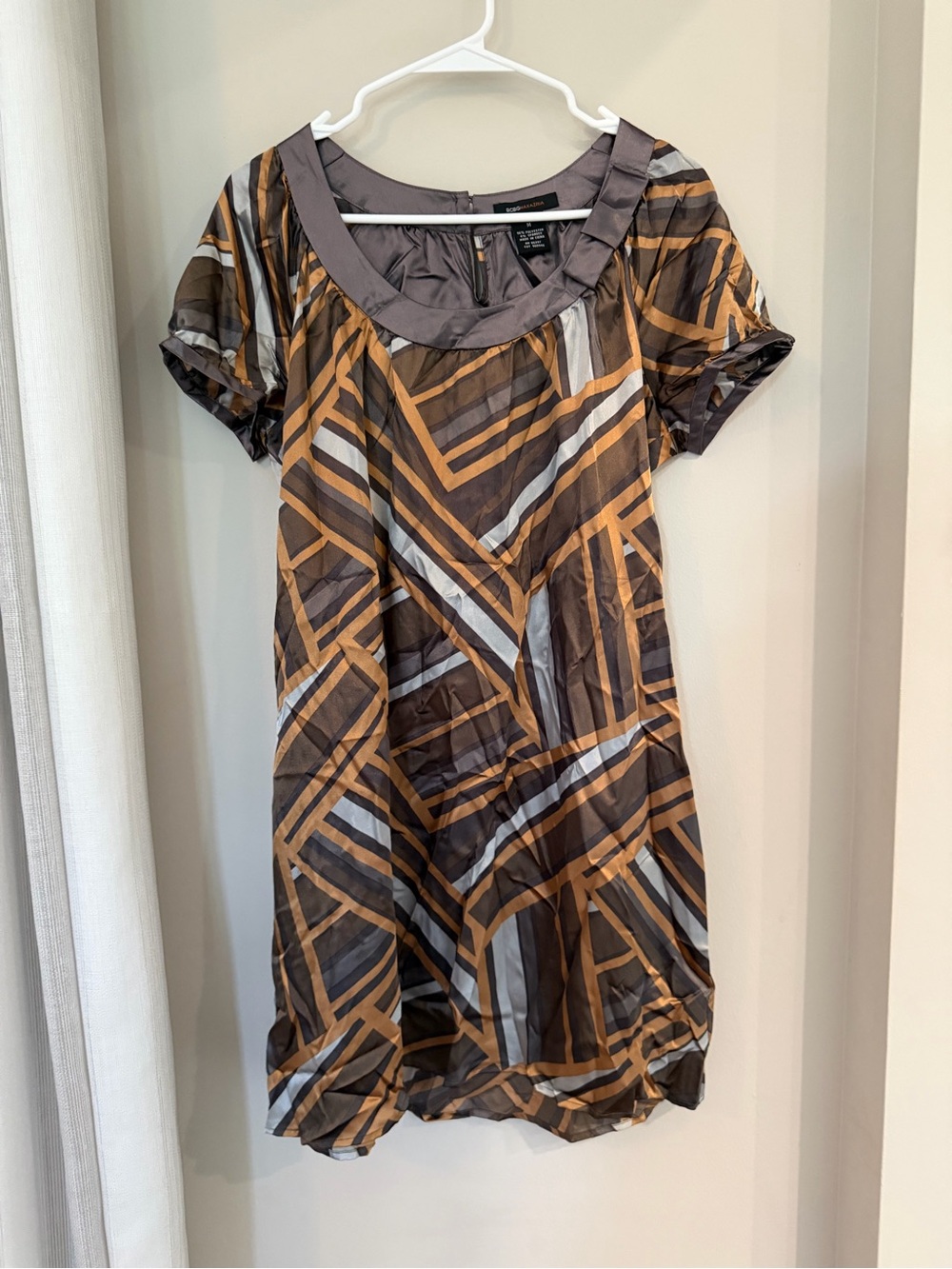 BCBGMaxAzria Brown, Gray and White Geometric Short-Sleeve Dress